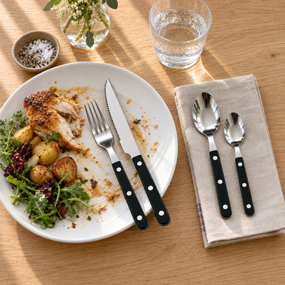 Black handled fork and knife resting together on a half-eaten plate of chicken, potatoes and salad, the spoon and teaspoon on a linen napkin beside it on an oak table