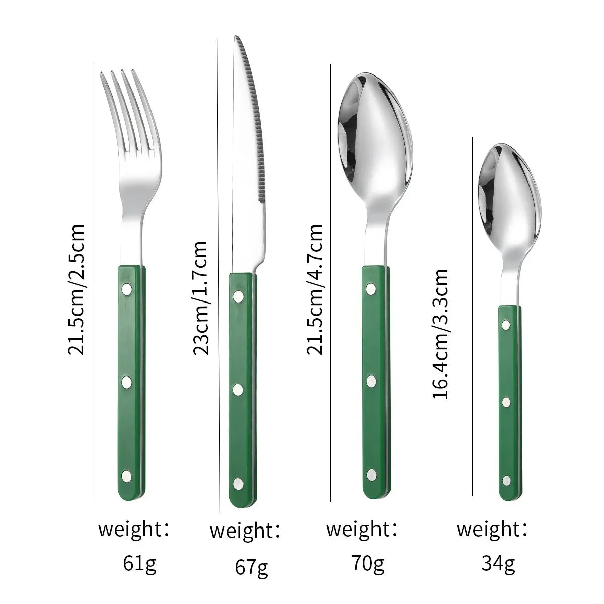 Green handled four piece set, fork, knife, spoon and teaspoon, laid out on white with printed lengths and weights