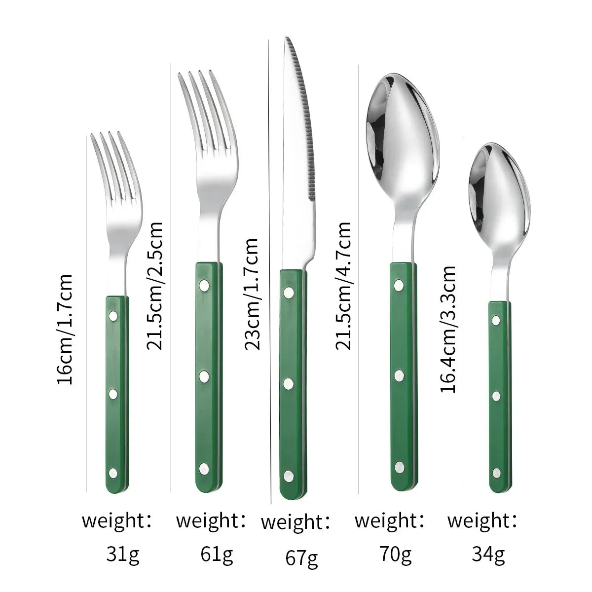 Green handled five piece set, small fork, fork, knife, spoon and teaspoon, laid out on white with printed lengths and weights