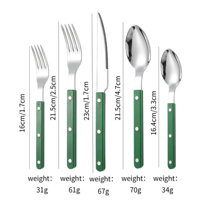 Green handled five piece set, small fork, fork, knife, spoon and teaspoon, laid out on white with printed lengths and weights