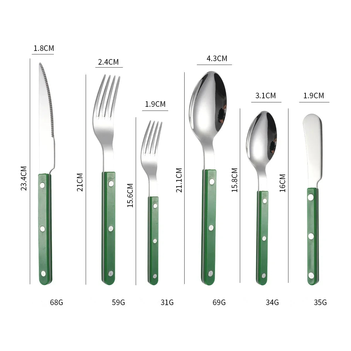 Green handled six piece set, knife, fork, small fork, spoon, teaspoon and butter knife, laid out on white with printed lengths and weights