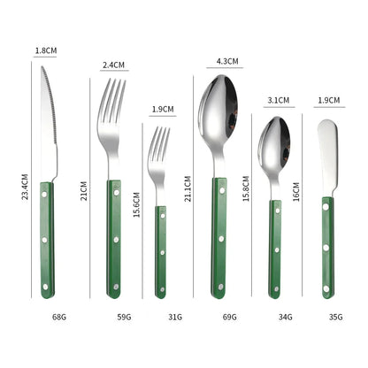 Green handled six piece set, knife, fork, small fork, spoon, teaspoon and butter knife, laid out on white with printed lengths and weights