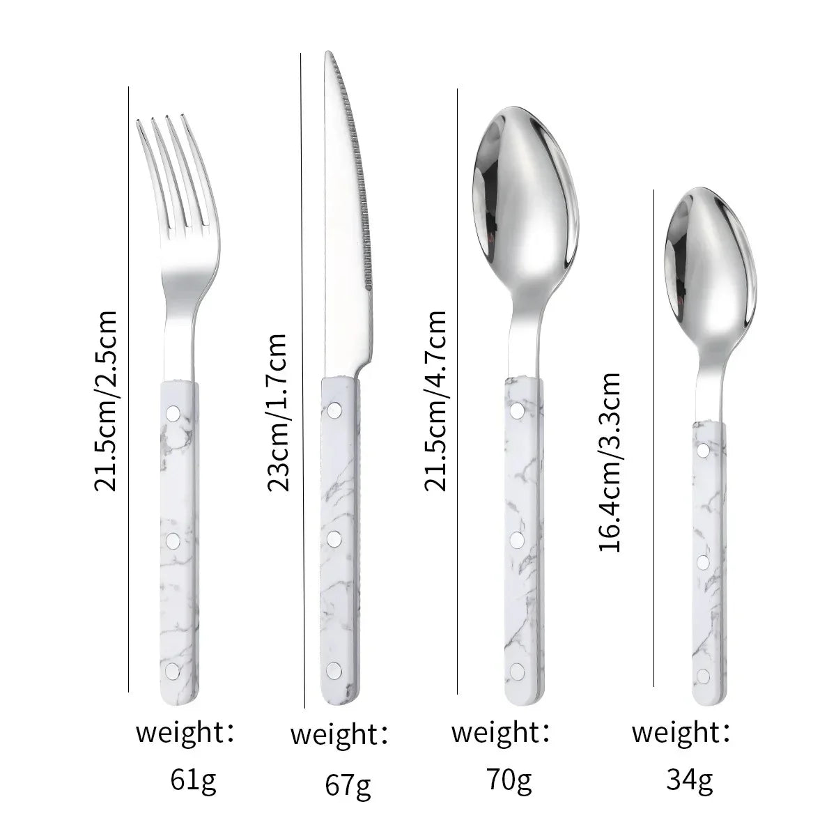 White marble-look handled four piece set, fork, knife, spoon and teaspoon, laid out on white with printed lengths and weights