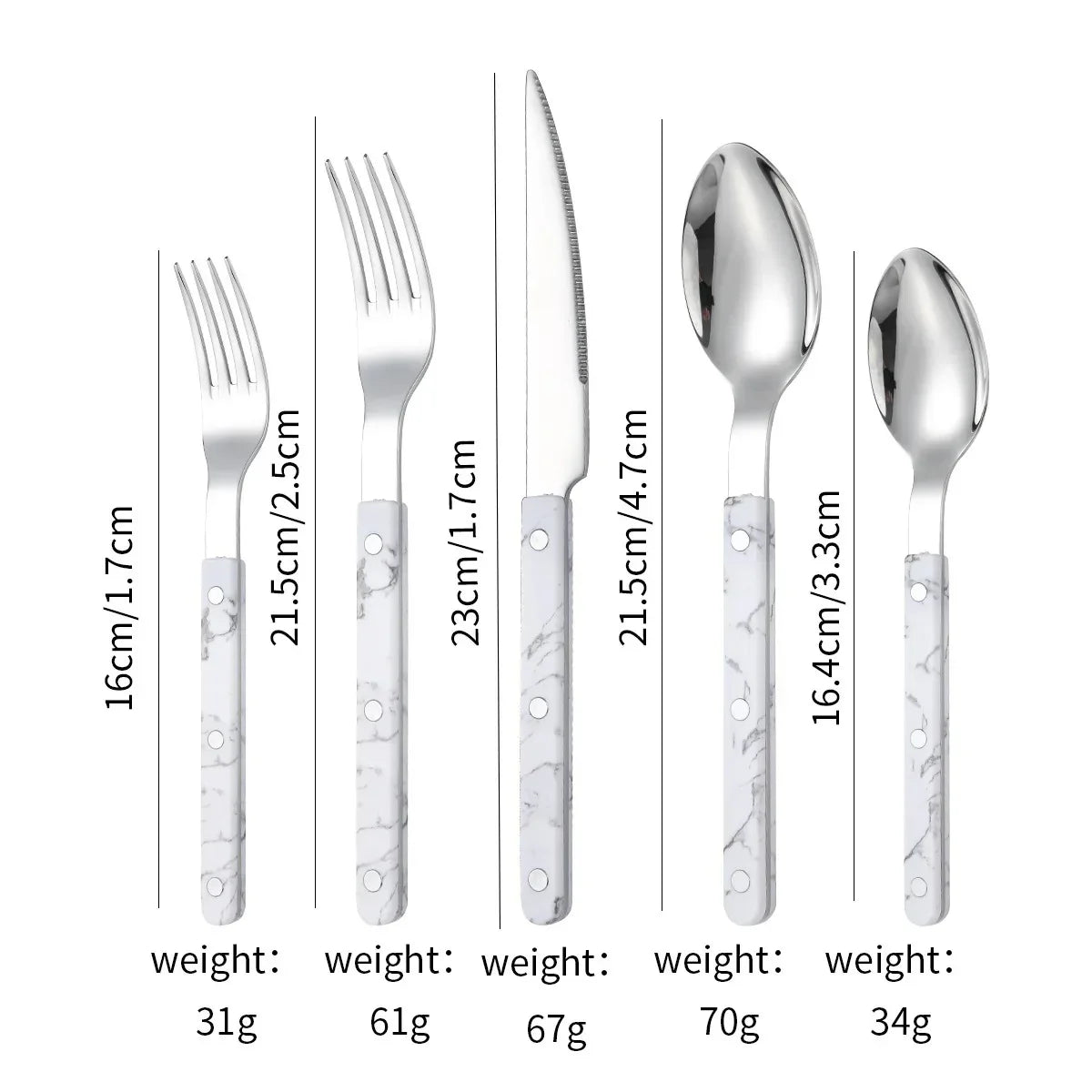 White marble-look handled five piece set, small fork, fork, knife, spoon and teaspoon, laid out on white with printed lengths and weights