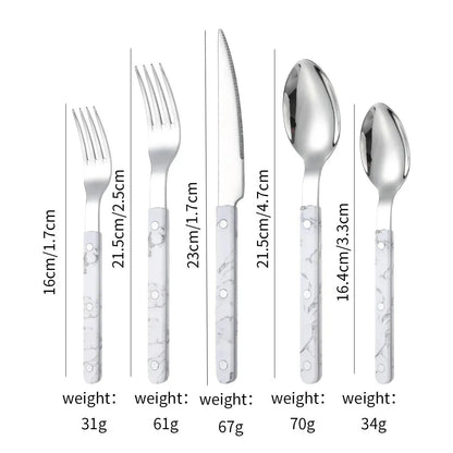 White marble-look handled five piece set, small fork, fork, knife, spoon and teaspoon, laid out on white with printed lengths and weights