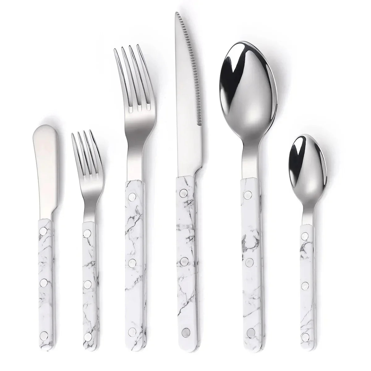 White marble-look handled six piece set, knife, fork, small fork, spoon, teaspoon and butter knife, laid out on white