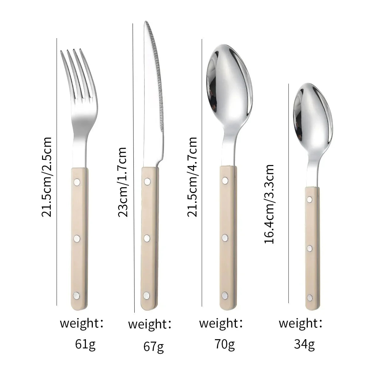 Beige handled four piece set, fork, knife, spoon and teaspoon, laid out on white with printed lengths and weights