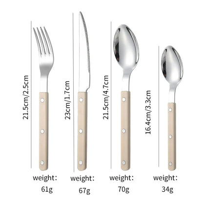Beige handled four piece set, fork, knife, spoon and teaspoon, laid out on white with printed lengths and weights