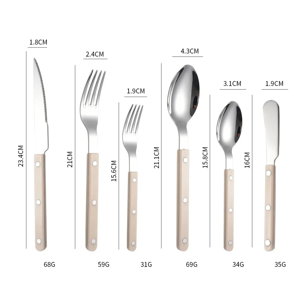 Beige handled six piece set, knife, fork, small fork, spoon, teaspoon and butter knife, laid out on white with printed lengths and weights