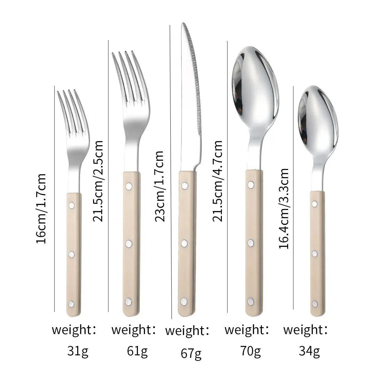 Beige handled five piece set, small fork, fork, knife, spoon and teaspoon, laid out on white with printed lengths and weights