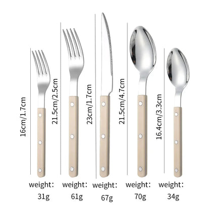 Beige handled five piece set, small fork, fork, knife, spoon and teaspoon, laid out on white with printed lengths and weights