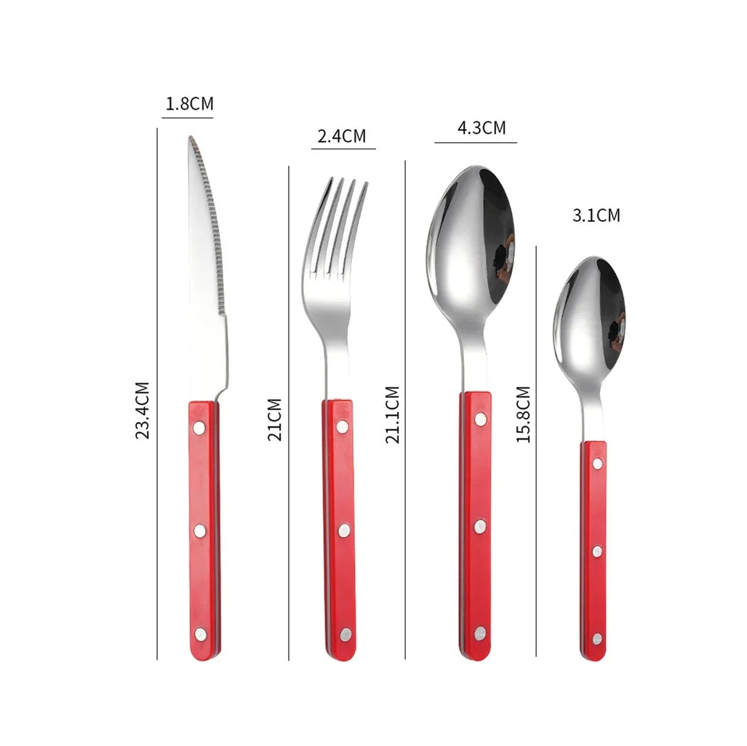 Red handled four piece set, fork, knife, spoon and teaspoon, laid out on white with printed lengths and weights