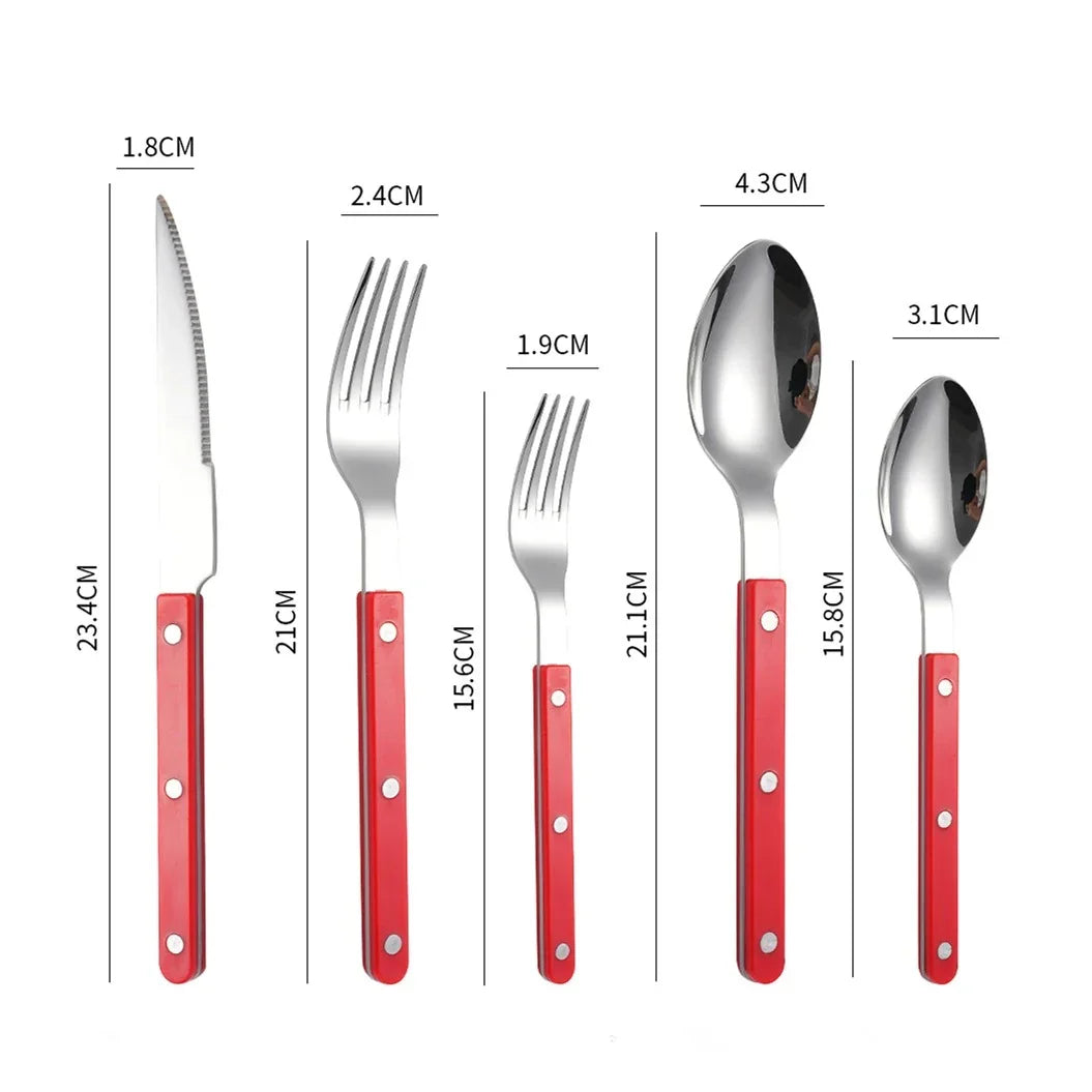 Red handled five piece set, small fork, fork, knife, spoon and teaspoon, laid out on white with printed lengths and weights