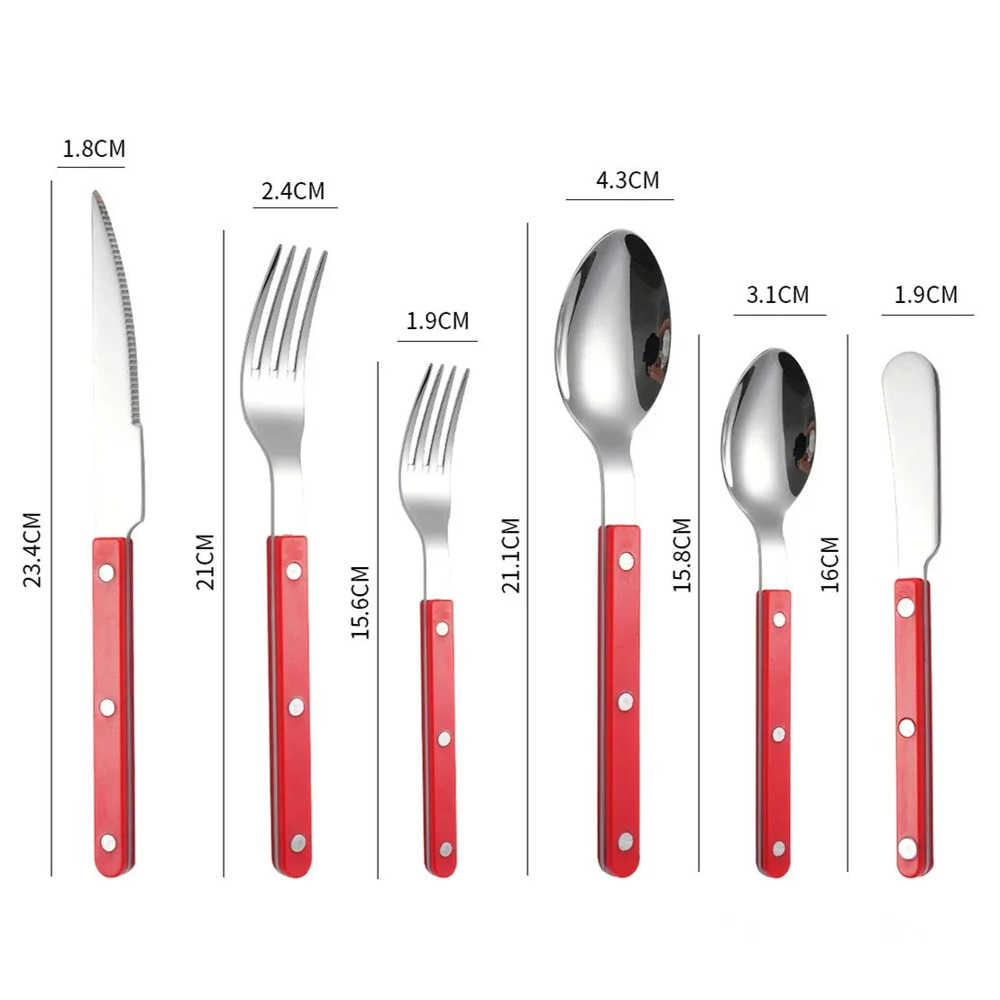 Red handled six piece set, knife, fork, small fork, spoon, teaspoon and butter knife, laid out on white with printed lengths and weights