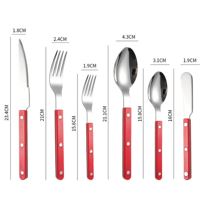 Red handled six piece set, knife, fork, small fork, spoon, teaspoon and butter knife, laid out on white with printed lengths and weights