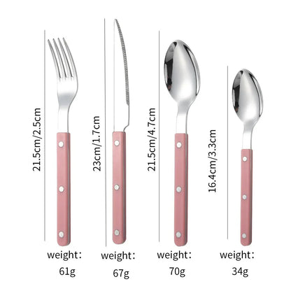 Pink handled four piece set, fork, knife, spoon and teaspoon, laid out on white with printed lengths and weights