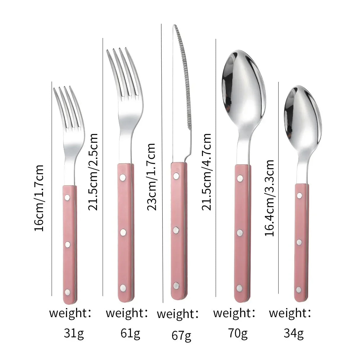 Pink handled five piece set, small fork, fork, knife, spoon and teaspoon, laid out on white with printed lengths and weights