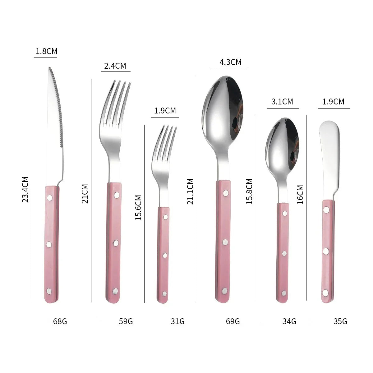 Pink handled six piece set, knife, fork, small fork, spoon, teaspoon and butter knife, laid out on white with printed lengths and weights