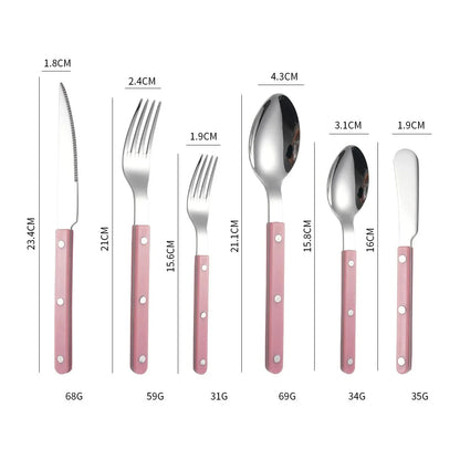 Pink handled six piece set, knife, fork, small fork, spoon, teaspoon and butter knife, laid out on white with printed lengths and weights
