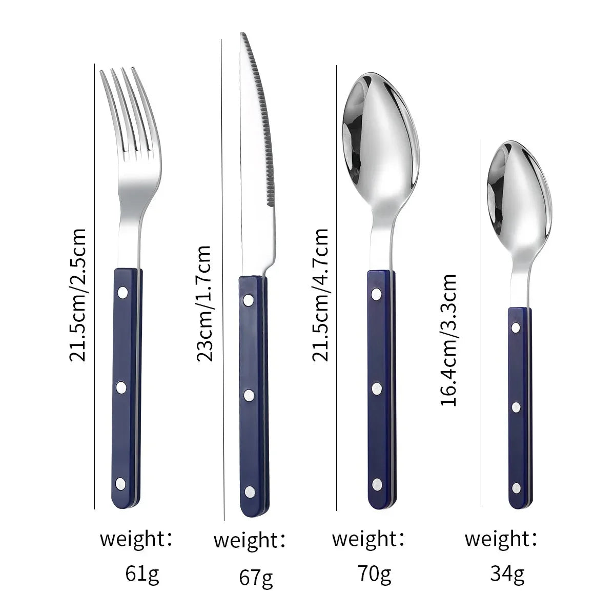 Navy handled four piece set, fork, knife, spoon and teaspoon, laid out on white with printed lengths and weights