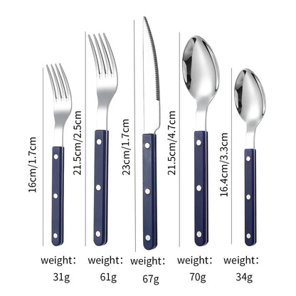 Navy handled five piece set, small fork, fork, knife, spoon and teaspoon, laid out on white with printed lengths and weights