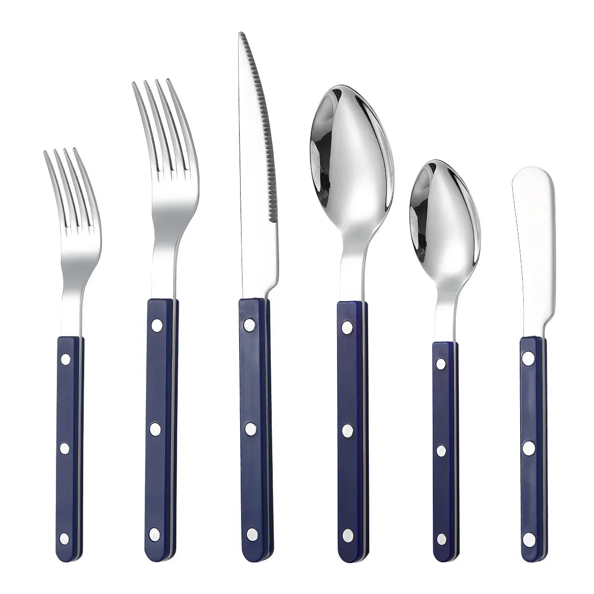 Navy handled six piece set, knife, fork, small fork, spoon, teaspoon and butter knife, laid out on white