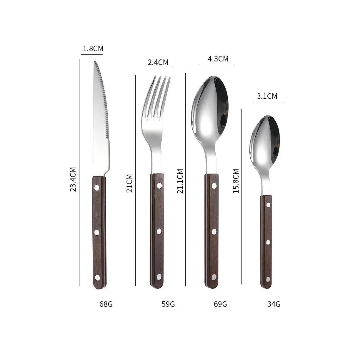 Brown wood-grain look handled four piece set, fork, knife, spoon and teaspoon, laid out on white with printed lengths and weights