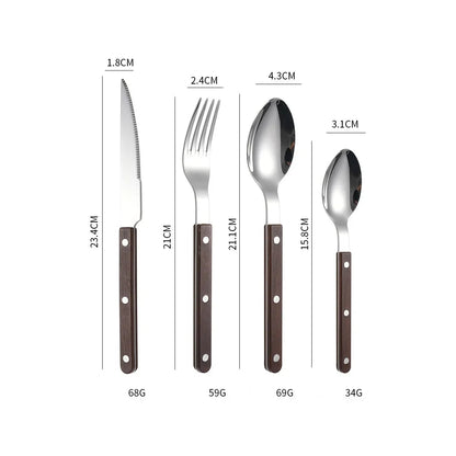 Brown wood-grain look handled four piece set, fork, knife, spoon and teaspoon, laid out on white with printed lengths and weights
