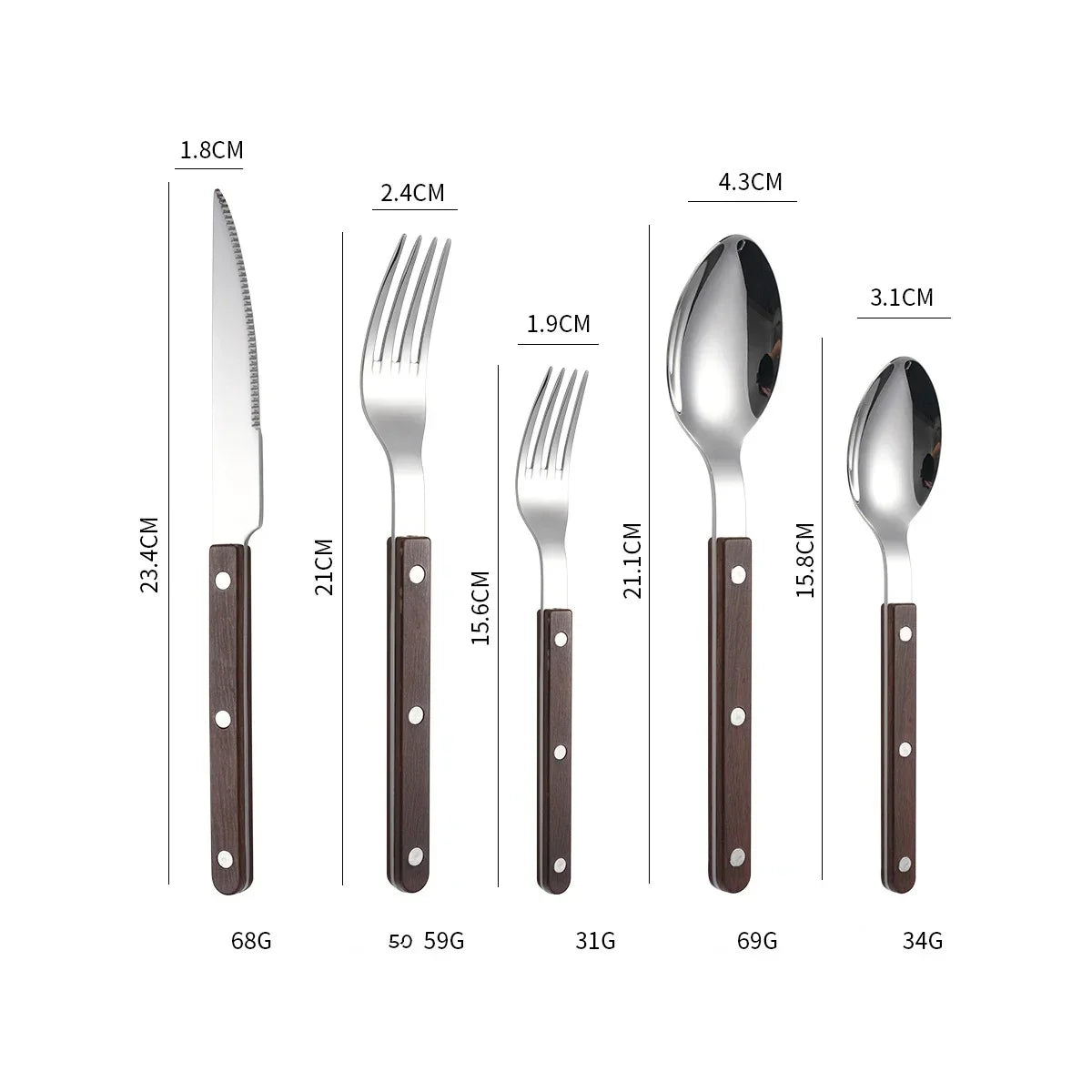 Brown wood-grain look handled five piece set, small fork, fork, knife, spoon and teaspoon, laid out on white with printed lengths and weights