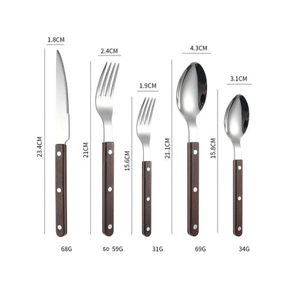 Brown wood-grain look handled five piece set, small fork, fork, knife, spoon and teaspoon, laid out on white with printed lengths and weights