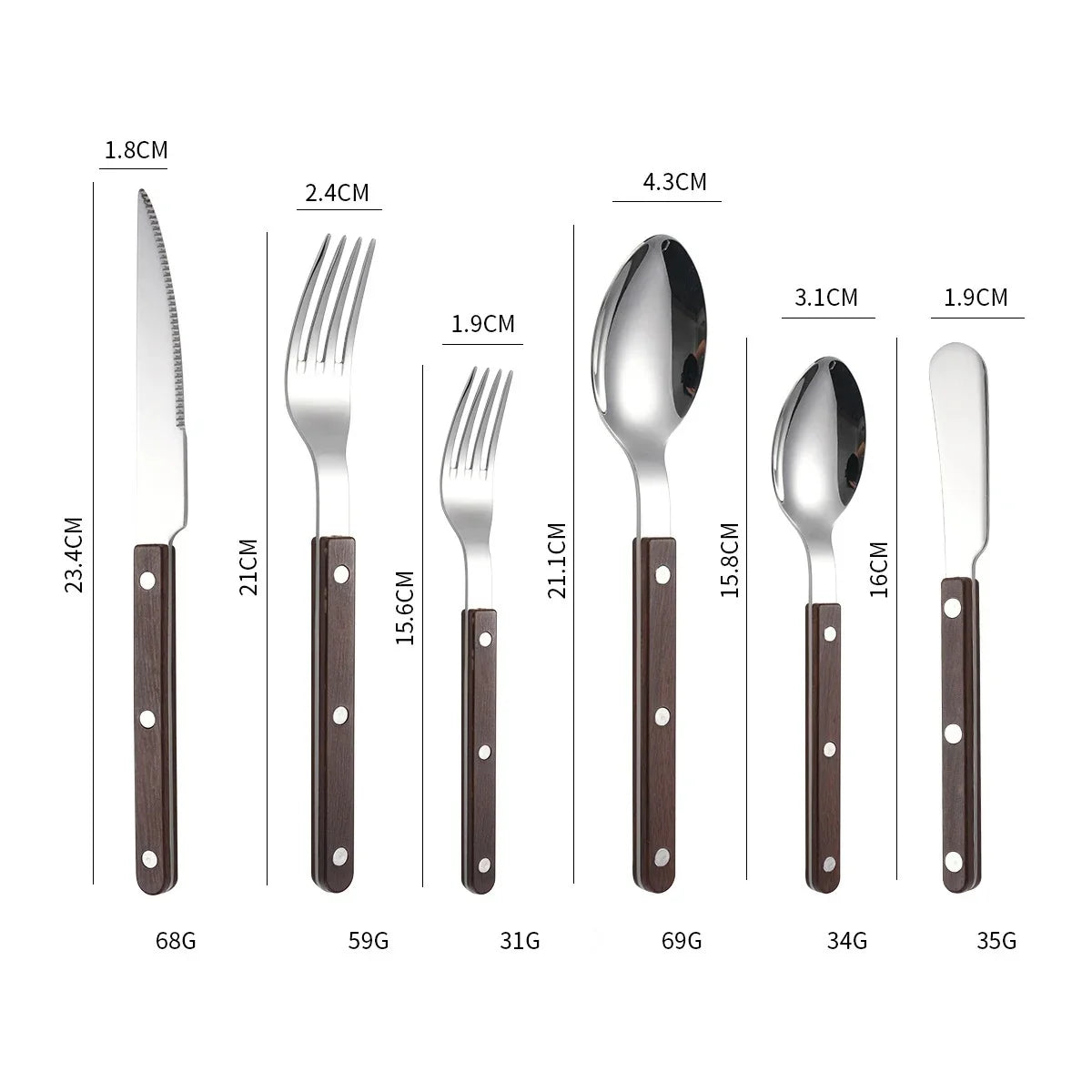 Brown wood-grain look handled six piece set, knife, fork, small fork, spoon, teaspoon and butter knife, laid out on white with printed lengths and weights