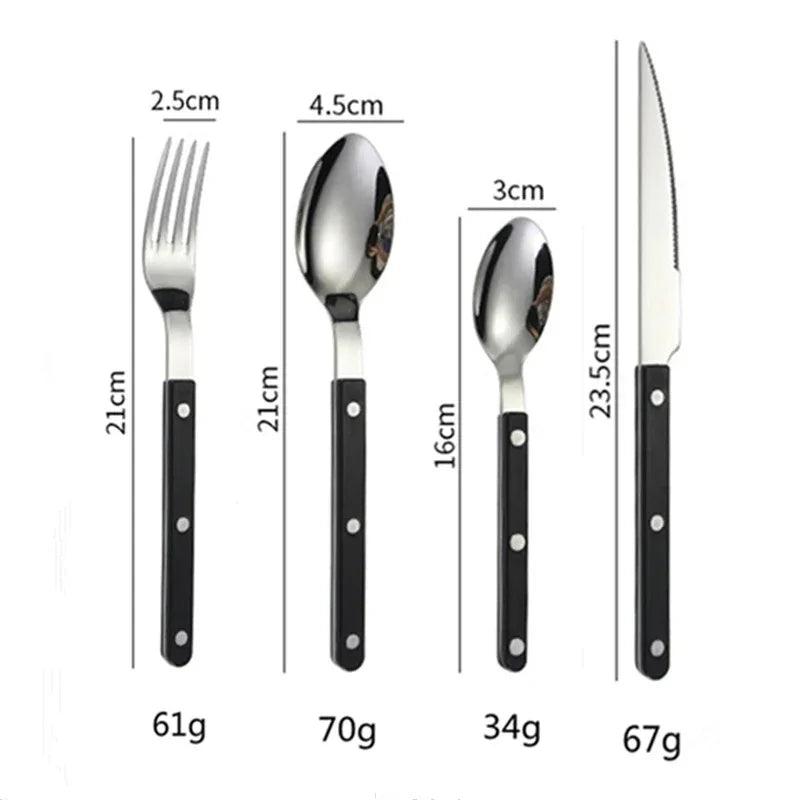 Black handled four piece set, fork, knife, spoon and teaspoon, laid out on white with printed lengths and weights