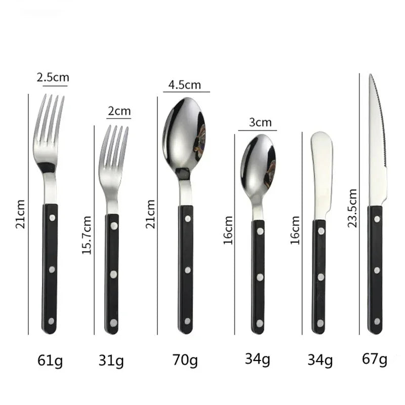 Black handled six piece set, knife, fork, small fork, spoon, teaspoon and butter knife, laid out on white with printed lengths and weights