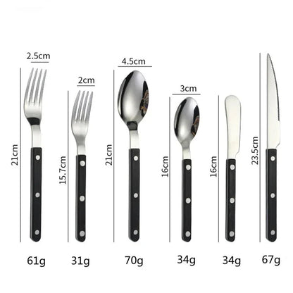 Black handled six piece set, knife, fork, small fork, spoon, teaspoon and butter knife, laid out on white with printed lengths and weights