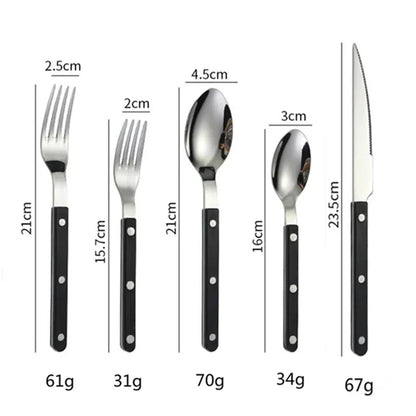 Black handled five piece set, small fork, fork, knife, spoon and teaspoon, laid out on white with printed lengths and weights