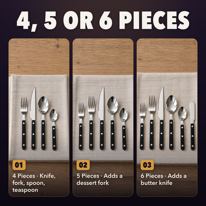 The black handled flatware set in three sizes: 4 pieces with a knife, fork, spoon and teaspoon, 5 pieces adding a dessert fork, 6 pieces adding a butter knife