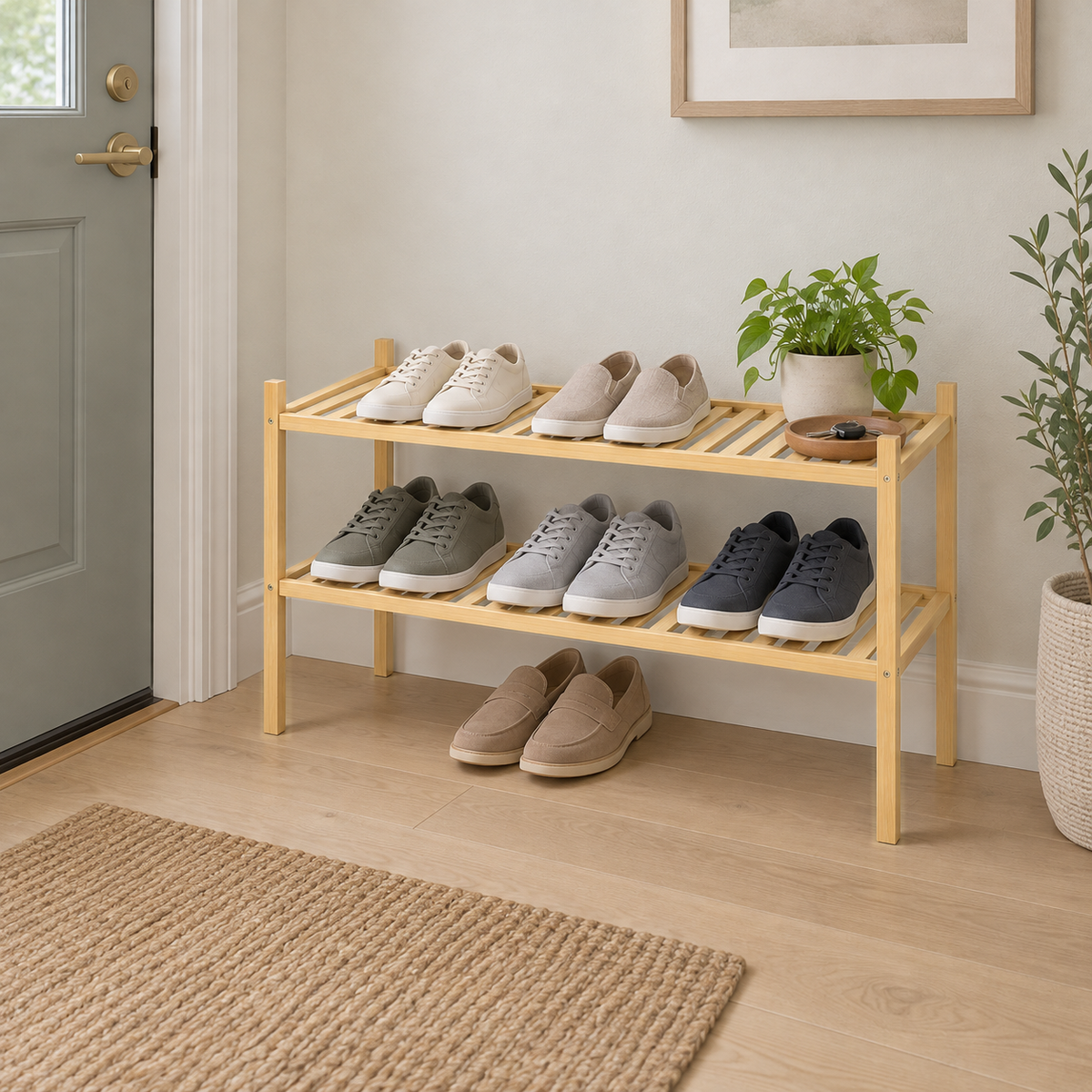 2 tier bamboo shoe rack beside a front door with sneakers on both shelves and loafers underneath