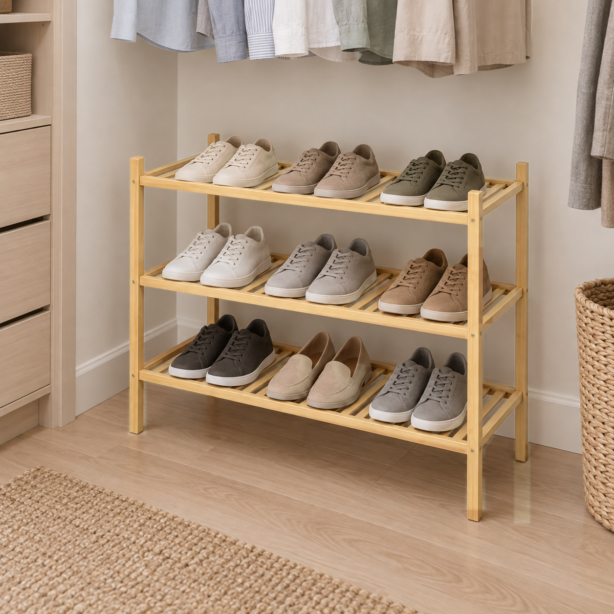 3 tier bamboo shoe rack on a walk-in closet floor under hanging shirts, shoes on every shelf