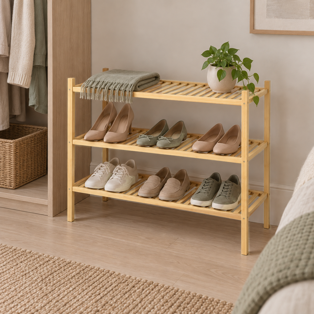 3 tier bamboo shoe rack in a bedroom holding heels, flats and sneakers, a folded scarf and a plant on top