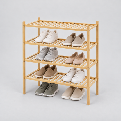 Two 2 tier bamboo shoe racks stacked into a four shelf tower holding shoes, on a light grey background