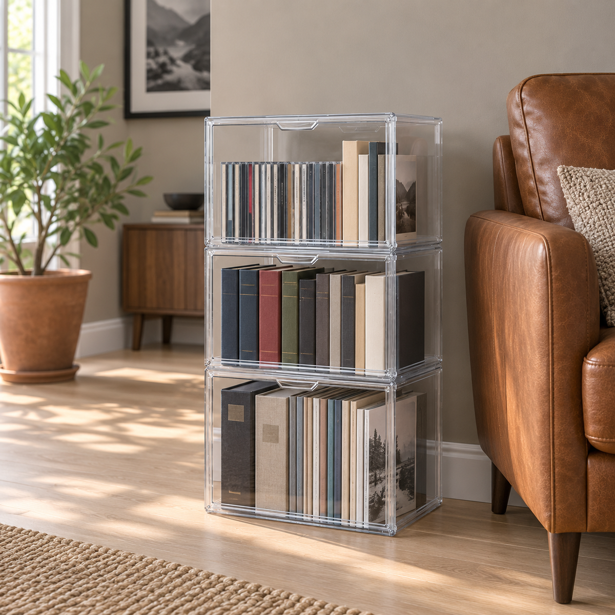 Three large clear stackable storage boxes stacked beside a leather armchair, holding CDs, hardback books and albums