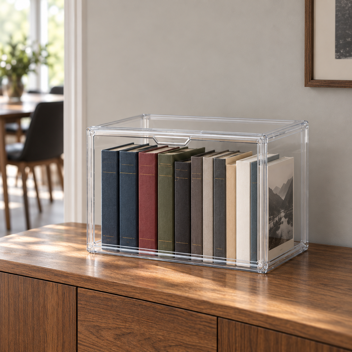 Large clear stackable storage box with a drop front door on an oak sideboard, holding hardback books
