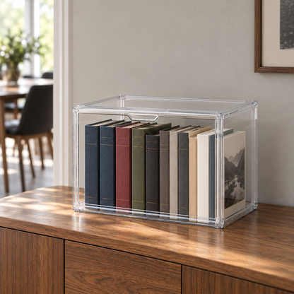 Large clear stackable storage box with a drop front door on an oak sideboard, holding hardback books