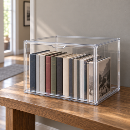 Extra large clear stackable storage box with a drop front door on a hallway bench, holding art books and magazines