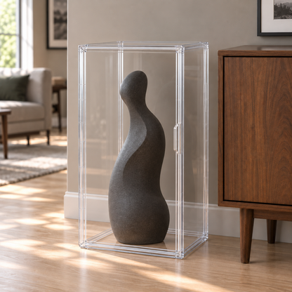 Extra tall clear display box on a living room floor beside a walnut sideboard, holding an abstract dark stone sculpture