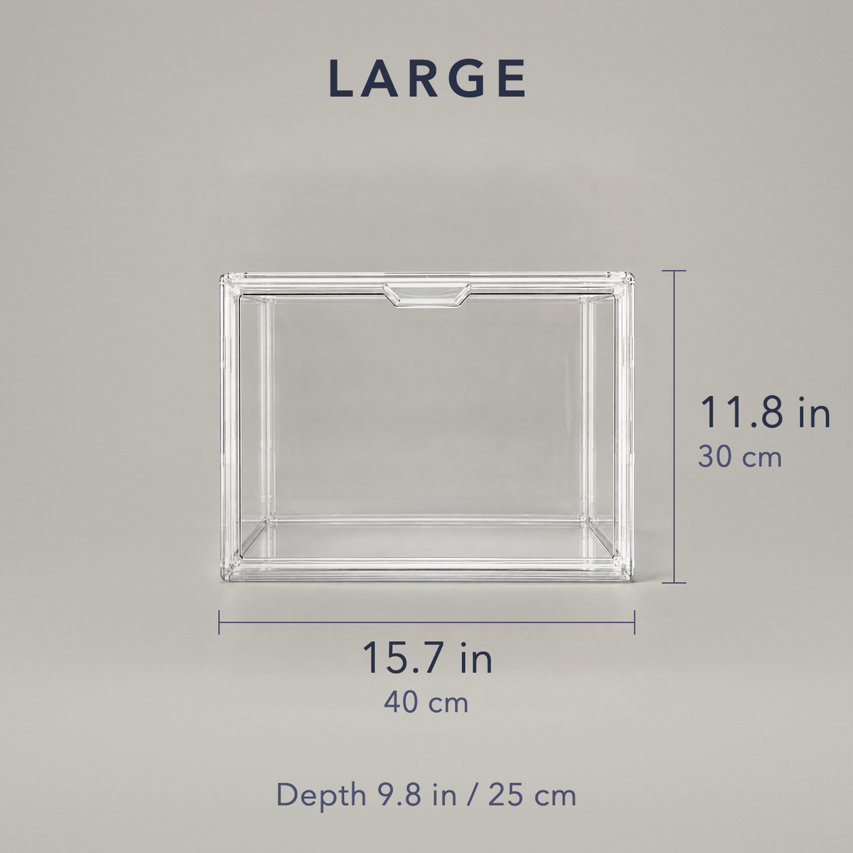 Large clear storage box dimensions, 15.7 in wide and 11.8 in tall, 9.8 in deep