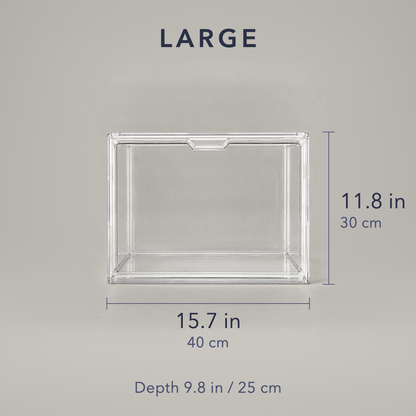 Large clear storage box dimensions, 15.7 in wide and 11.8 in tall, 9.8 in deep