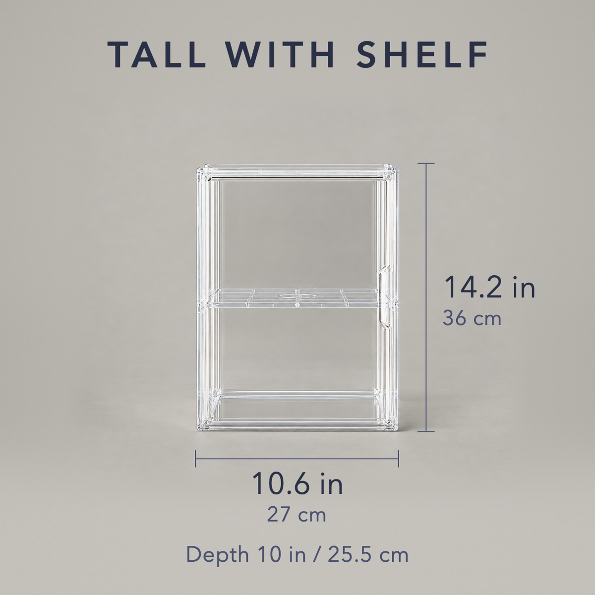 Tall with shelf clear storage box dimensions, 10.6 in wide and 14.2 in tall, 10 in deep