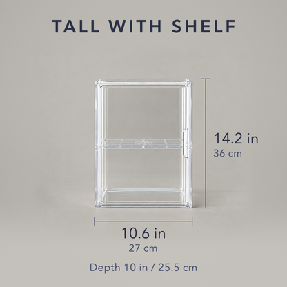 Tall with shelf clear storage box dimensions, 10.6 in wide and 14.2 in tall, 10 in deep