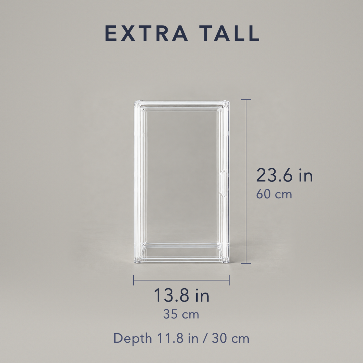 Extra tall clear storage box dimensions, 13.8 in wide and 23.6 in tall, 11.8 in deep